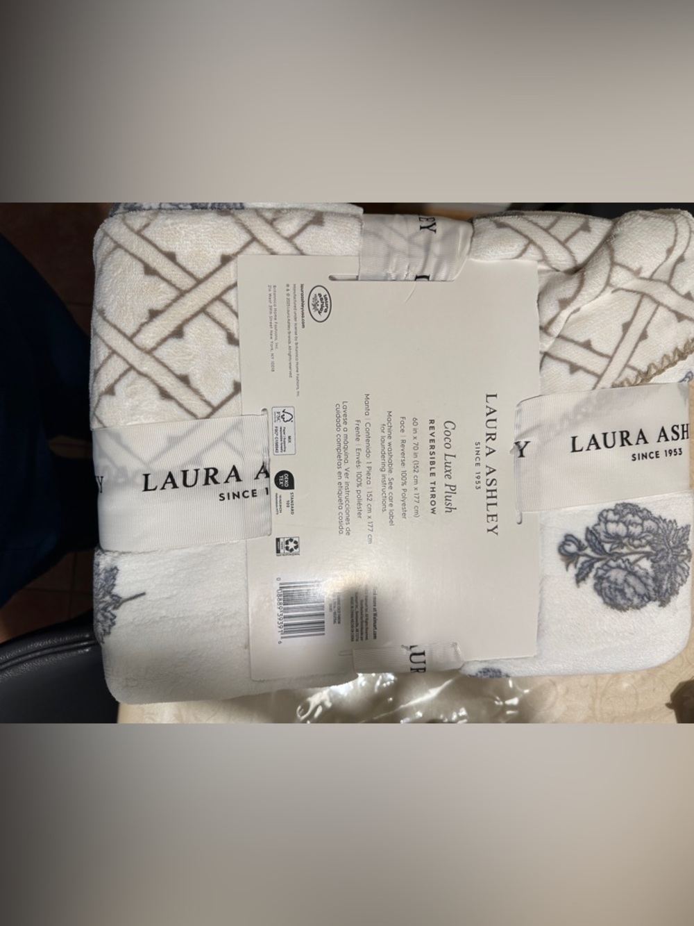 Laura Ashley Cream and Gray Floral & Lattice Plush Throw